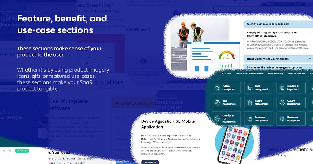 three different features sections on saas landing pages that are done well 
