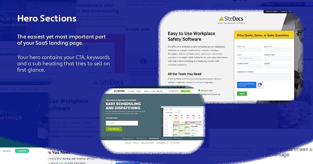 two hero sections that use landing page best practices for SaaS

