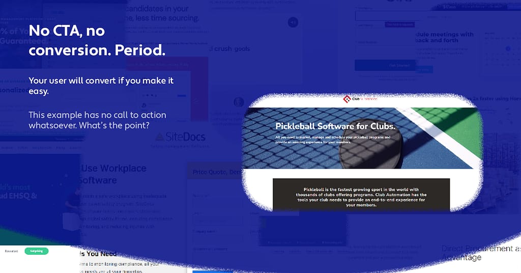 another bad landing page from a pickleball saas company. there is no indication of what the web visitor should do.