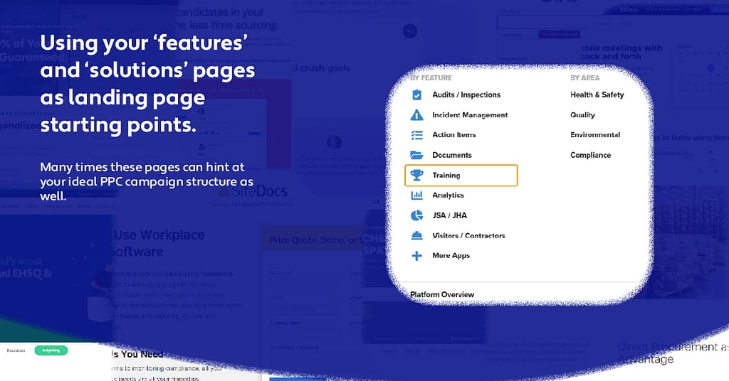 shows a features drop down in a SaaS landing page nav bar
