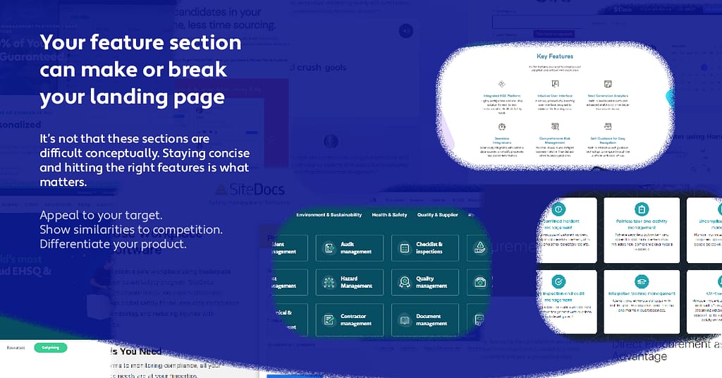 SaaS feature sections that list 1-6 features in a concise way with icons to or screen shots to clarify
