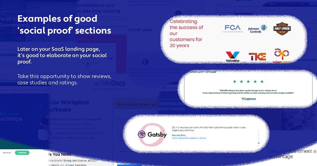 three examples of social proof sections, one has more clients listed bigger than before, the next has a review section that scrolls and the last has a combination of the two
